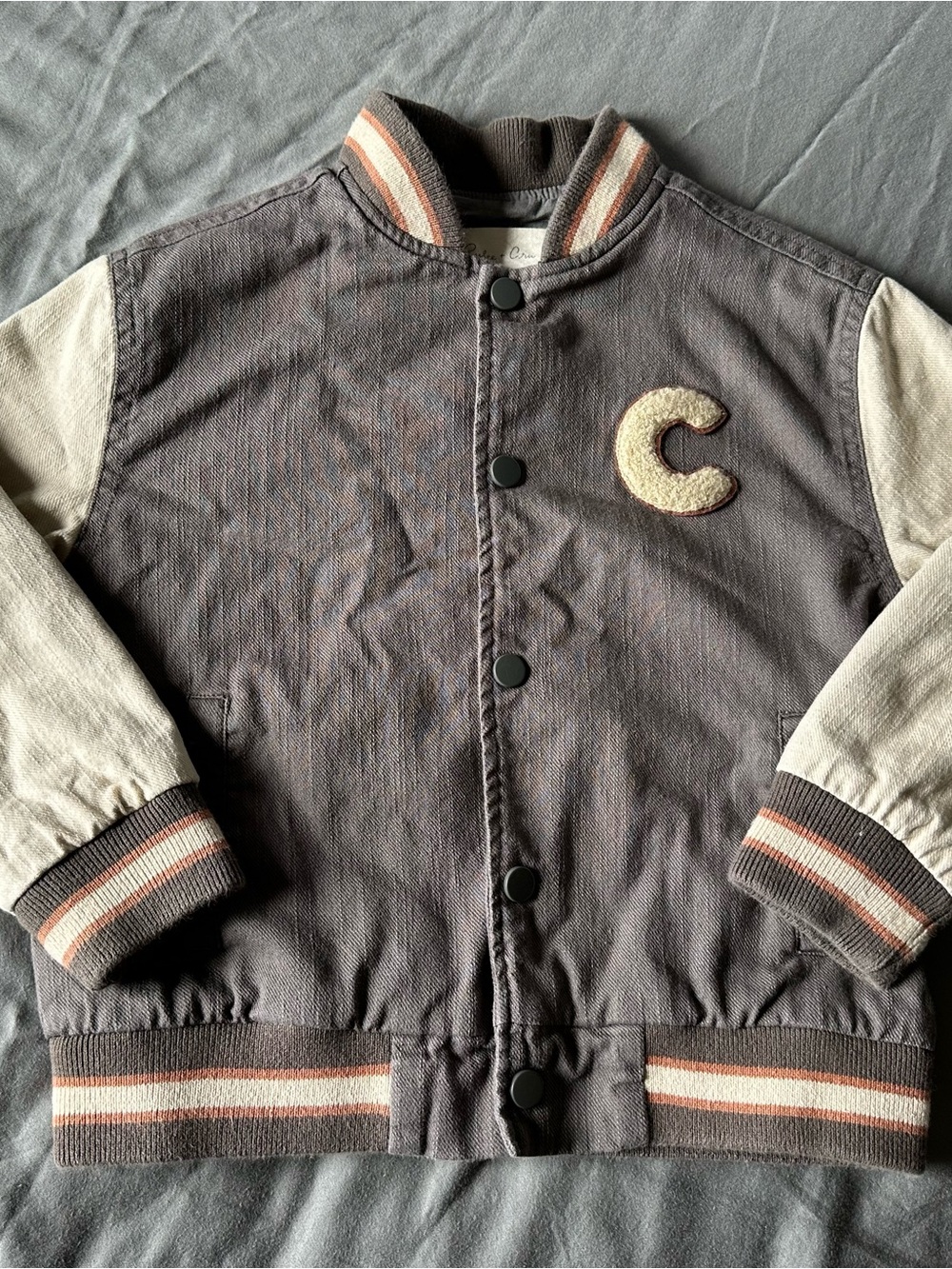 Rylee + Cru Brown & Cream Varsity Jacket with Striped Trim